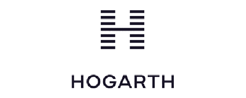 Hogarth company logo featuring a stylized H composed of horizontal black lines above the word HOGARTH.