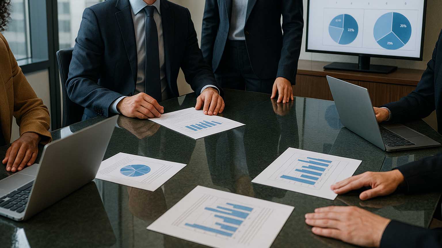 Business professionals in suits reviewing printed bar and pie charts around a conference table with laptops and a monitor displaying pie charts.